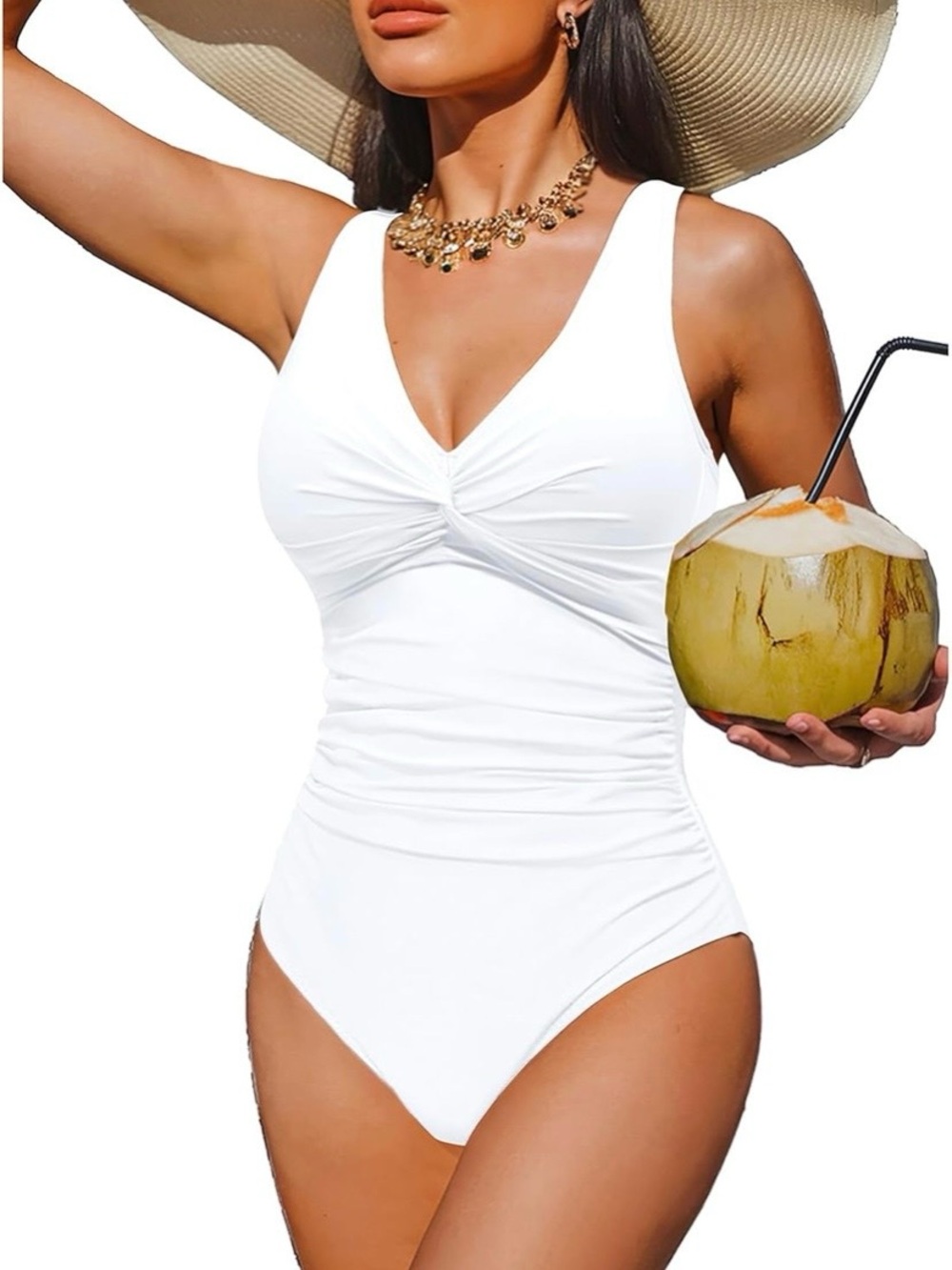 V-Neck White One-Piece Swimsuit with Twist Front